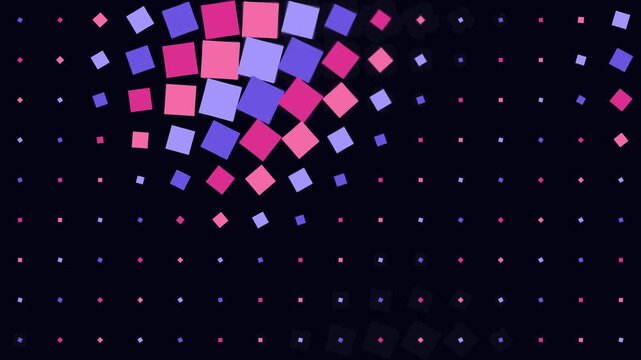 Glowing pink and purple square patterns arranged in a rhythmic sequence across a dark horizontal plane