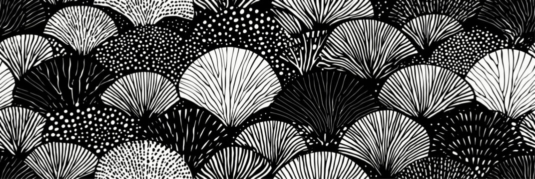 Japanese black and white scallop pattern graphic design. Seamless monochrome scallop graphic pattern creating a stylish fan texture background
