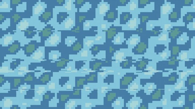 Seamless pixelated pattern featuring soft blue and green organic shapes for modern textile or surface printing
