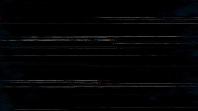 Abstract dark screen texture with VHS glitch effects, digital noise, static distortion, and chromatic aberration lines. Perfect for retro overlays, sci-fi projects, horror themes, and techno backgroun