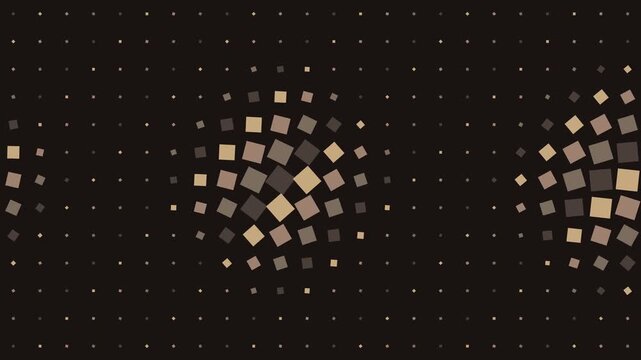Dynamic grid of floating square elements arranged in rhythmic clusters across a dark screen surface