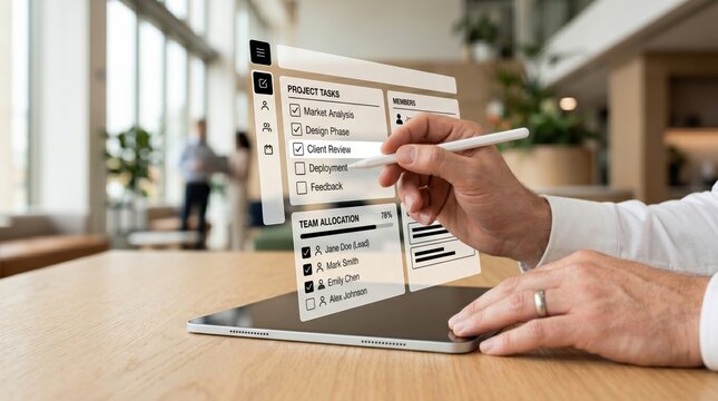 Hand checking project tasks on holographic interface over tablet showing team allocation, market analysis, design phase, client review, deployment, feedback