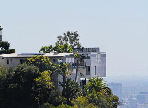 Skyline of Los Angeles as seen from the Hollywood Reservoir in Los Angeles, California, USA
