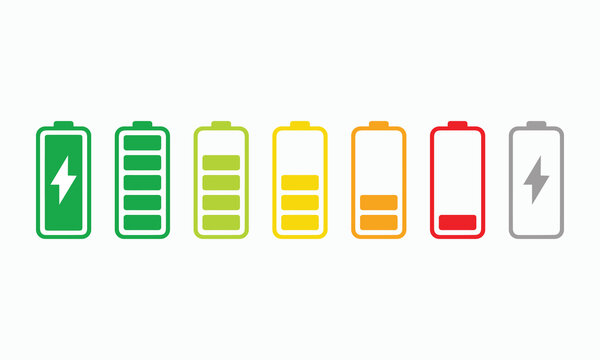 Battery charging status vector set with different charge levels and a lightning bolt symbol indicating charging process or full power display icon in various colors.