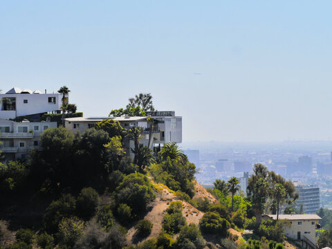 Skyline of Los Angeles as seen from the Hollywood Reservoir in Los Angeles, California, USA