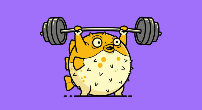 Pufferfish lifting a heavy barbell for fitness weight training.