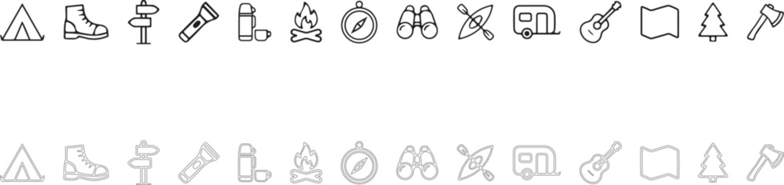 Travel Light, Camping and Outdoor Adventure Line Art Elements Set: Vector Illustration of Tent, Hiking Boot, Compass, Bonfire, Binoculars, Kayak, and Trailer for Travel Brand Logo Design.
