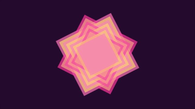 Rotating geometric shapes with pink and yellow gradient square layers morphing on a dark purple surface