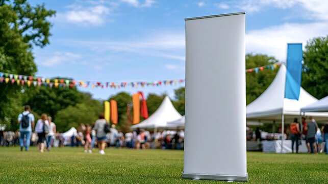 Blank white roll up banner standing on green grass at an outdoor festival or summer fair, with blurred people, tents, and colorful bunting creating a vibrant background for branding