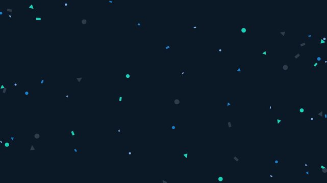 Small colorful geometric shapes floating and falling against a dark blue surface for festive party decorations
