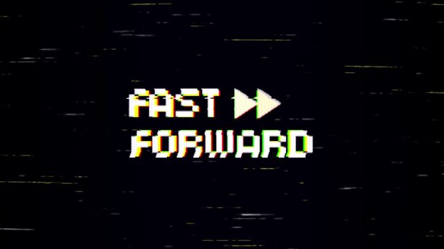 VHS fast forward glitch effect retro tape static overlay featuring authentic analog distortion, running timecode, and a flickering icon over a dark screen.