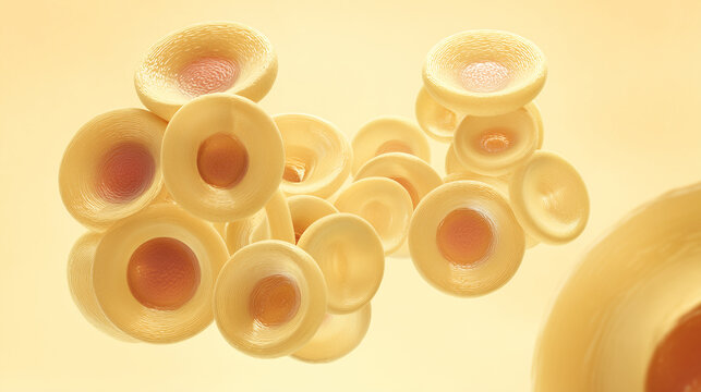 Red blood cells cluster with biconcave discs in warm amber gold tones on soft amber background