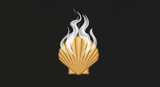 Vector illustration of a golden scallop shell with white steam or smoke rising from it, isolated on a dark gray background, showing ribbed texture and organic vapor trails.