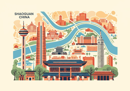 Detailed vector map of Shaoguan China featuring city landmarks, modern skyscrapers, traditional Chinese architecture, and urban river layout in a flat minimalist illustration style.