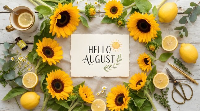 Flat lay of sunflowers and lemons with Hello August sign