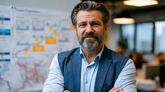 middle-aged logistics professional in business attire standing before a career progression wall chart inside a transportation company training room, certifications and route maps displayed, educatio