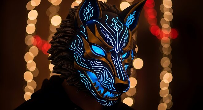 Futuristic glowing wolf mask on person with vibrant bokeh background