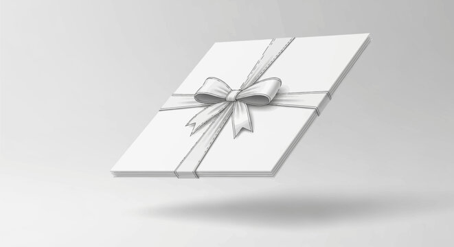 3D render of a stack of square white invitation cards tied with a decorative white ribbon and bow, levitating against a neutral gray background with soft shadow, minimalist mockup.