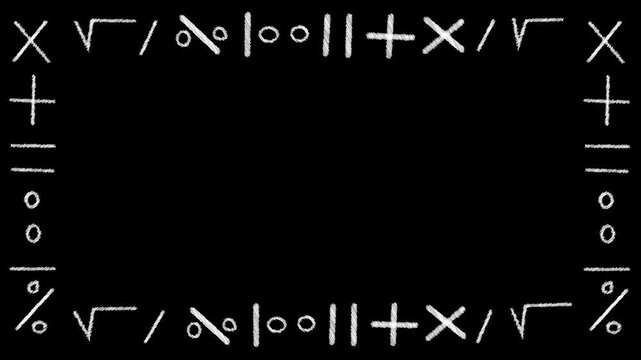 Hand drawn white sketchy frame, Chalk math symbols border animated on black background. 4K Video