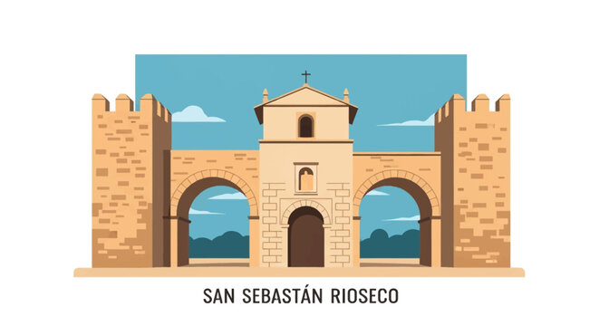 Vector illustration of San Sebastian Gate in Medina de Rioseco, Spain, featuring crenelated stone towers, central arched entrance, lateral arches, and cross atop a pediment.