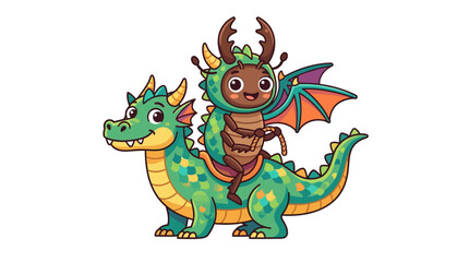 Fototapeta premium Cute cartoon beetle child riding a green dragon with iridescent scales and orange wings