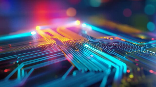 Animated vibrant circuit board journey with colorful light pulses glowing in dynamic technology background