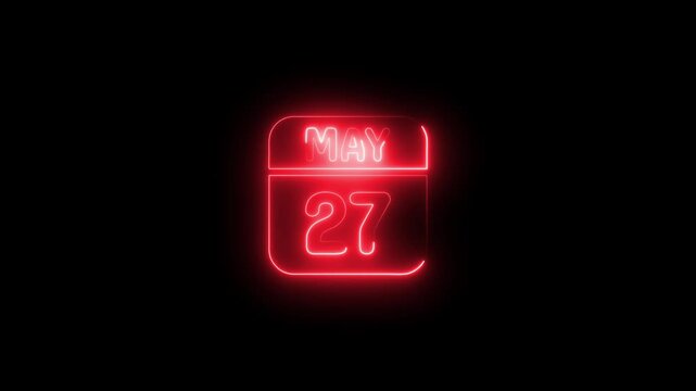 Glowing neon calendar date may 27th sign animation