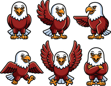 Cartoon bald eagle character illustration set featuring six expressive poses and gestures, ideal for mascot design, educational projects, logos, and patriotic concepts