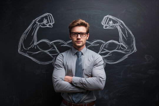 A young businessman with his arms crossed, wearing glasses  against a blackboard background on which is drawn an illustration of biceps.