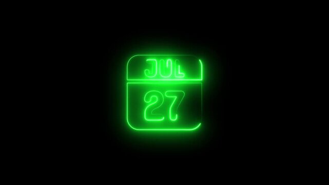 Neon calendar date july 27 glowing green sign animation