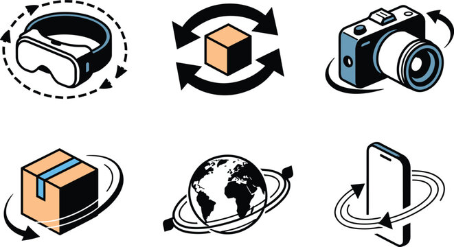 Collection of interactive technology icons featuring virtual reality headset, 3D cube rotation, camera perspective, shipping box, global connectivity, and smartphone augmented reality concepts