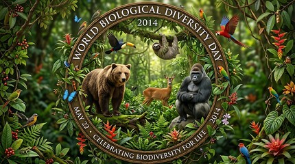 Obraz premium Colorful illustration celebrating world biodiversity day with animals and plants in lush jungle environment