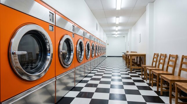 A long row of orange washing machines in a laundry room with wooden chairs and a black and white checkered floor