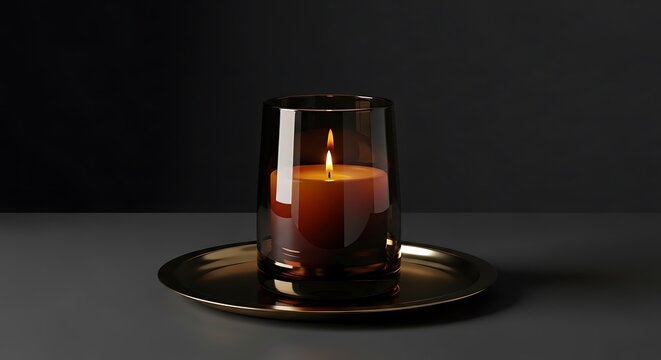 A citronella candle glows warmly inside a dark glass holder, set elegantly on a polished brass tray against a minimal and moody dark grey background