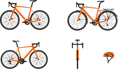 Fototapeta premium Orange Road Bicycle Vector Set with Multiple Angles Gravel Bike Luggage Carrier Rack and Safety Helmet for Cycling Sport and Commuting Designs
