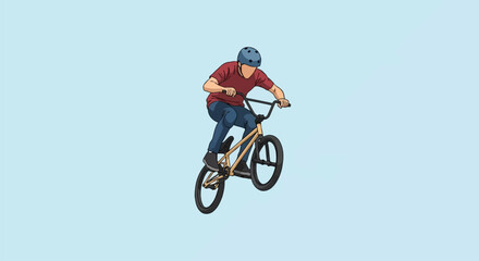 Obraz premium Vector illustration of a male BMX rider jumping mid-air. Rider wears a blue helmet, red shirt, and blue pants on a yellow freestyle bike against a flat light blue background.