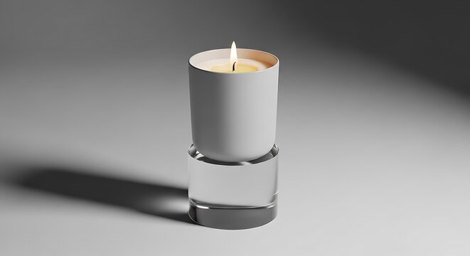 A modern citronella candle displayed on a clear glass pedestal stand against a minimalist grey background representing outdoor pest control and comfort