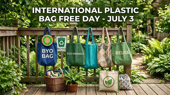 Colorful reusable shopping bags displayed on wooden deck for international plastic bag free day celebration