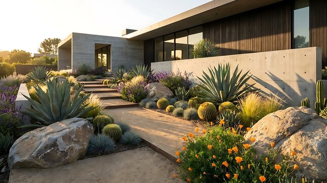 Modern house with desert landscaping and stone walkway. low-water garden designs 