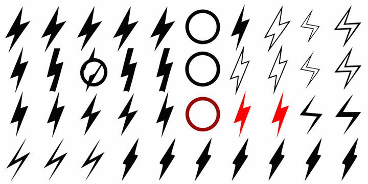 lightning bolt variations on white background electricity symbol icon pattern vector graphic design black red circle flash thunder energy power