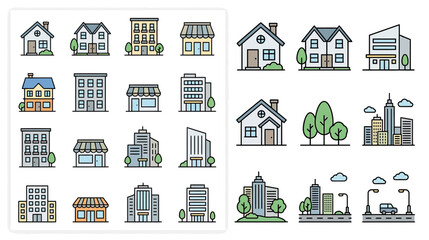 Set of Flat Icons: Houses, Buildings, Cityscape, and Architecture Elements © Yunan