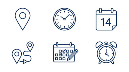Fototapeta premium Time Management and Planning Icons: Location, Clock, Calendar, Route