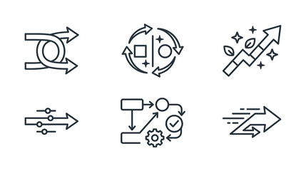 Fototapeta premium Business Process Flow Icons Set: Agile, Workflow, Growth, Progress, Strategy