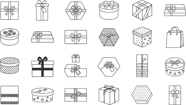 Linear Gift Box Icon Set with Outline Present Symbols for Birthday Celebrations, Holiday Shopping, Delivery Packages, and Surprise Event Graphic Designs