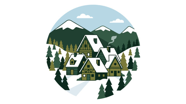 Charming Winter Village Scene Surrounded by Snowy Mountains and Evergreen Trees, a Peaceful Rural Landscape Illustration