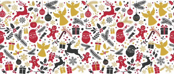 Naklejka premium Seamless Christmas Border Pattern with Hand Drawn Vintage Holiday Elements for Festive Wrapping Paper, Washi Tape, and Web Banner Designs