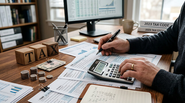 Man calculating taxes with calculator and documents on desk with tax code books