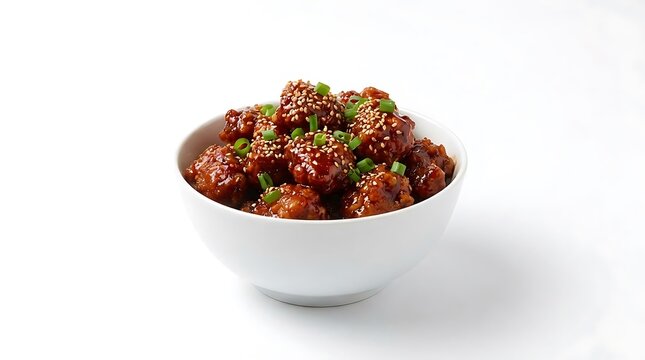 A delicious bowl of savory meat chunks topped with sesame seeds and chopped green onion garnish. general tso chicken
