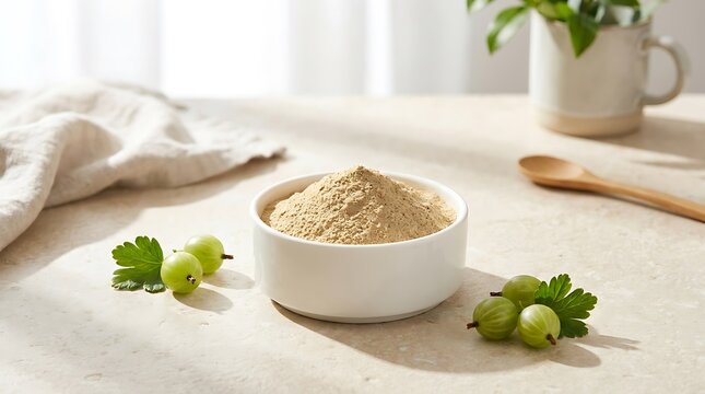 Amla powder in a small bowl with fresh gooseberry fruits on a bright kitchen table. amla powder