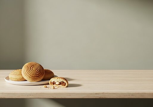 A minimalist studio shot featuring traditional colombian bu&ntilde;uelos on a white plate with one cut open to reveal the soft center on a light wooden table